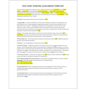 May include: A legal document template for a joint venture agreement. The document outlines the purpose, organization, name, place of business, address, general purpose, sharing percentages of the joint venture, and distribution share of the joint venture.