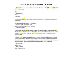 Declaración jurada de transferencia de muerte, Declaración jurada de transferencia de plantilla de muerte, Declaración jurada de transferencia de muerte, Reconocimiento notarial, Plantilla de Word