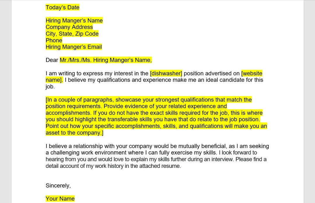 Dishwasher Cover Letter Cover Letter Template Editable Cover Etsy