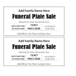 Boleto de venta de platos funerarios, boleto de recaudación de fondos de venta de platos funerarios, imprimibles de boletos de venta de platos funerarios, plantilla de boleto imprimible, plantilla