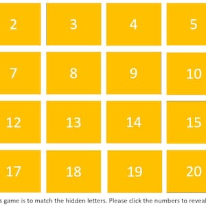 Könnte beinhalten: Ein gelbes Raster mit den Zahlen 1 bis 20 in jedem Quadrat. Ein blauer Kreis mit dem Wort "RESET" befindet sich rechts neben dem Raster.