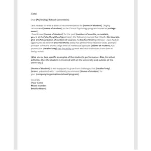 Plantilla de carta de recomendación de psicología clínica, carta de recomendación académica, plantilla de recomendación académica, plantilla de Word