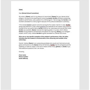 Plantilla de carta de recomendación de la escuela de odontología, carta de recomendación de la escuela de dentistas, plantilla de recomendación de la escuela de dentistas, plantilla de Word