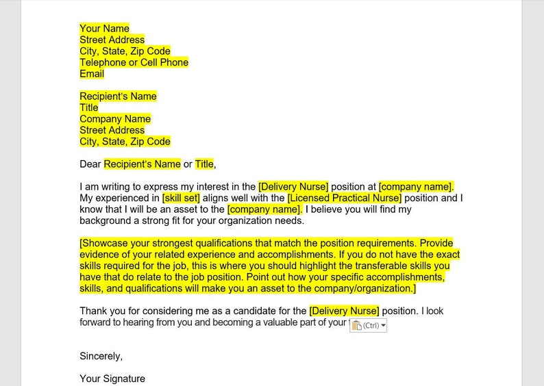 Delivery Nurse Cover Letter, Nurse, Cover Letter Template, Editable