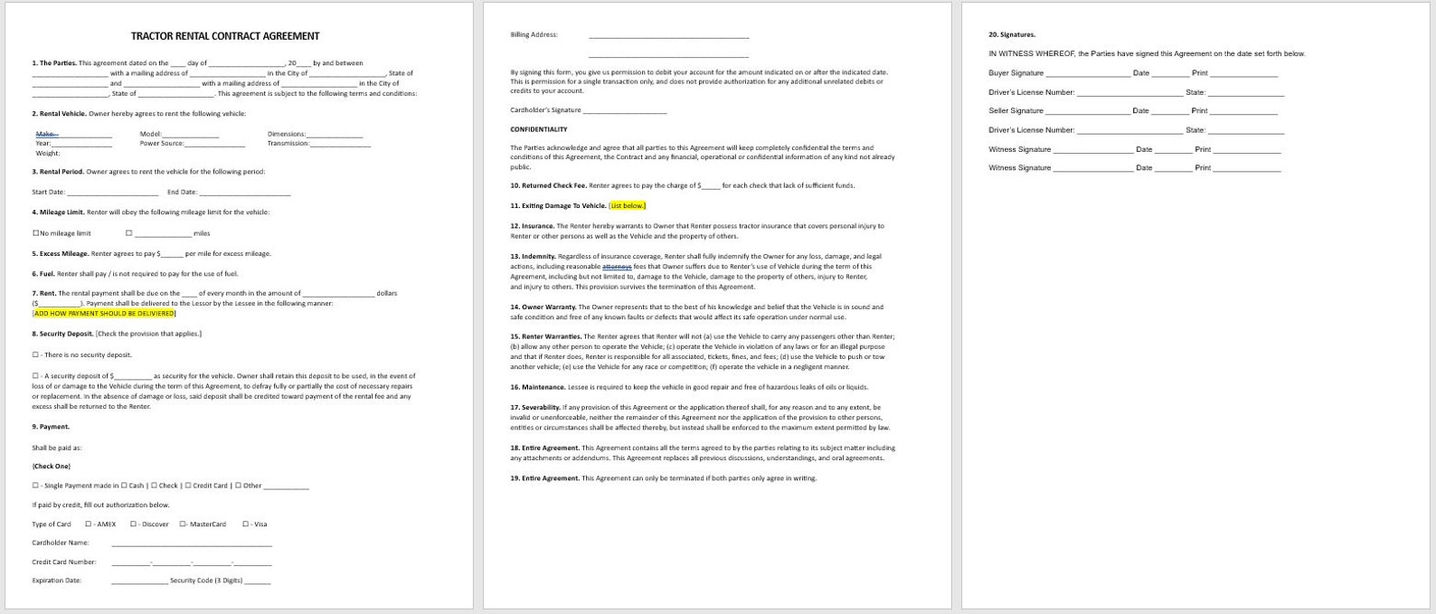 Tractor Rental Contract Agreement, Tractor Rental Contract Template
