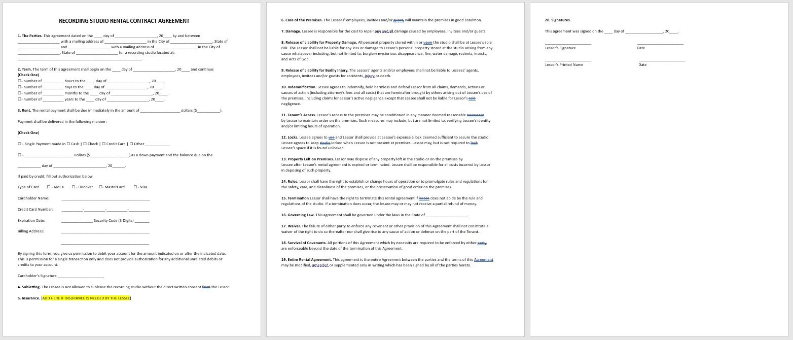 Recording Studio Rental Agreement, Recording Studio Rental Agreement