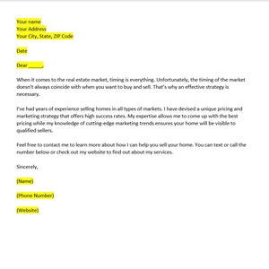 Könnte beinhalten: Ein formeller Brief mit einem gelb hervorgehobenen Abschnitt, der oben auf der Seite "Sehr geehrte/r" lautet. Der Brief ist eine Vorstellung eines Immobilienmaklers an einen potenziellen Kunden.