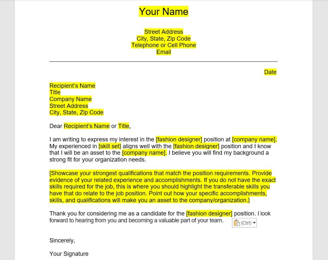 Fashion Designer Cover Letter, Cover Letter Template, Editable Cover