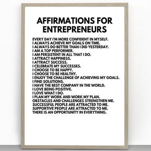 May include: A black and white printable poster with the text "Affirmations for Entrepreneurs" and a list of positive affirmations for entrepreneurs.