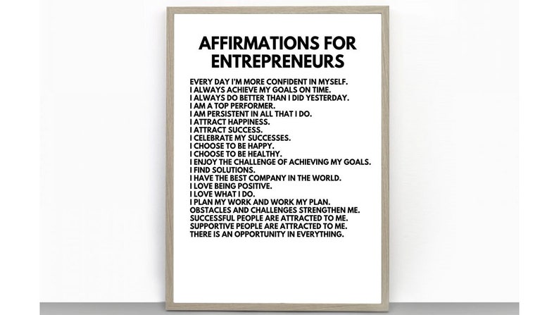 May include: A black and white printable poster with the text "Affirmations for Entrepreneurs" and a list of positive affirmations for entrepreneurs.