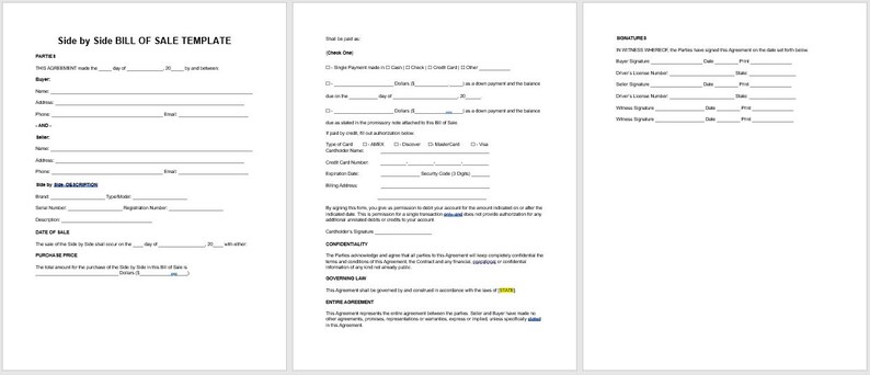 Editable Side by Side Bill of Sale Template, Editable Bill of Sale ...