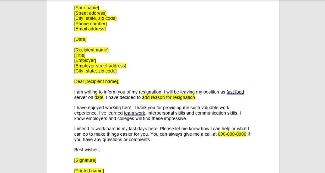 Fast Food Server Resignation Letter Template Resignation Letter 