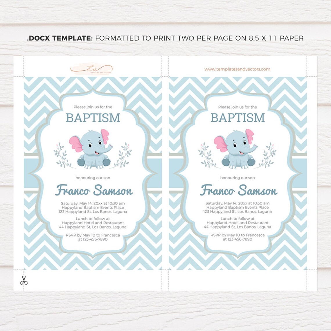 Blue Baby Elephant Baptism Invitation Printable Template Etsy