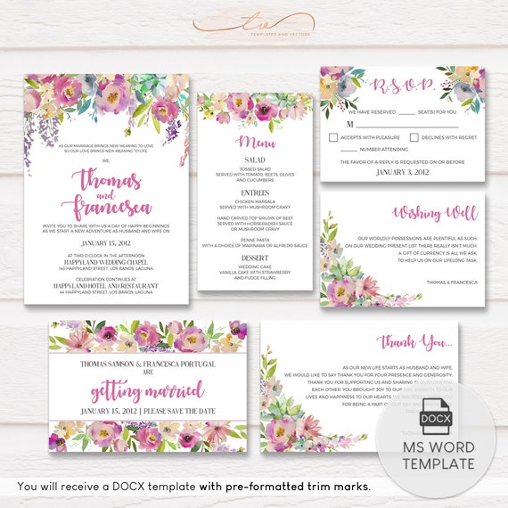 Boho Pastel Floral Watercolor Wedding Invitation Template Etsy