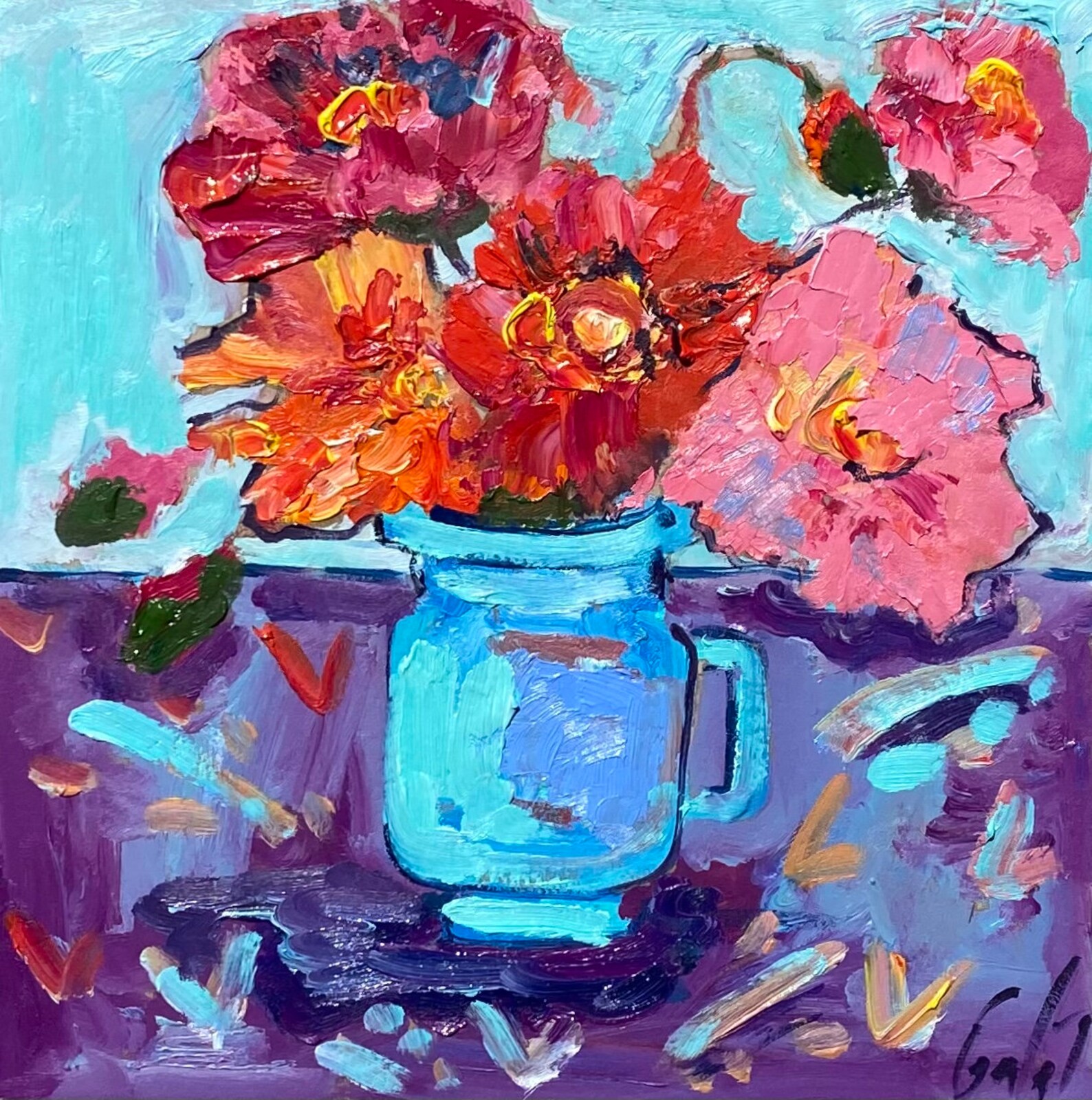 Poppies in a blue vase Original Oil painting on cardboard Etsy