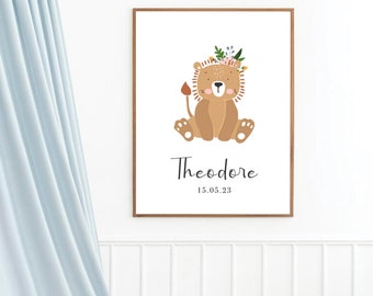 Safari Lion Baby Nursery Personalised Print