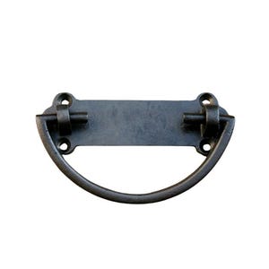 May include: A dark grey metal drawer pull with a curved handle and a rectangular backplate. The handle is semi-circular, and the backplate has two holes on each end for mounting. The hardware has a rustic, antique appearance.