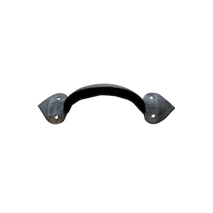 May include: A black metal handle with a curved grip and heart-shaped mounting plates. The handle is designed for use on cabinets, drawers, or doors. The mounting plates have two screw holes each.
