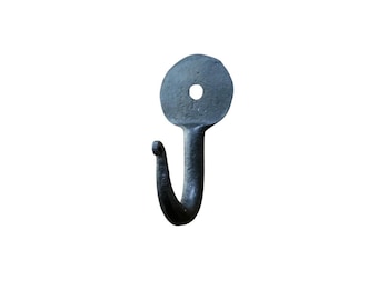Hand Forged Wrought Iron Coat Hook, Rustic Black Cabinet Kitchen Door Key Hook (2" Stem)