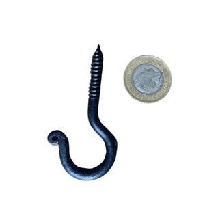 Small Hand Forged Wrought Iron Hook, Rustic Black Design 1" Screw in