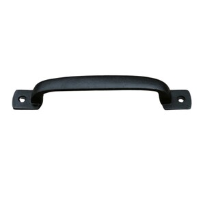 May include: A black, arched handle with a rectangular base on each end. The handle is made of a textured material and has two screw holes on each base. This hardware is suitable for cabinets, drawers, or doors.