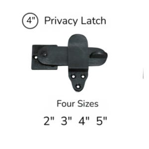 May include: Black privacy latch, with a 10 cm size option. The image shows the latch in a horizontal position, with a rectangular base and a curved handle. The text on the image reads "Privacy Latch" and "Four Sizes", with size options of 5 cm, 7.6 cm, 10 cm, and 12.7 cm.