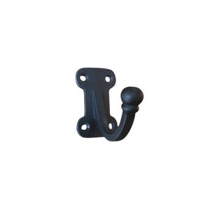 May include: A black metal wall hook with a decorative ball end. The hook has a rectangular mounting plate with three screw holes for easy installation. The hook is designed for hanging items.