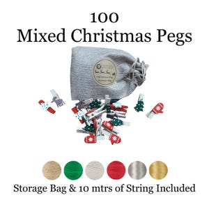 May include: A set of 100 wooden Christmas pegs featuring festive shapes like snowflakes, reindeer, mittens, and trees in red, green, and white. Includes a grey fabric storage bag with a circular label and 10 metres of string for hanging.