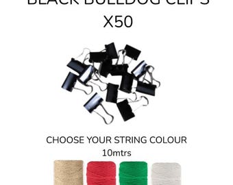 50 pinces à linge Bulldog avec ficelle de 10 m, corde pour présentation murale de photos, décorations de Noël et d'anniversaire