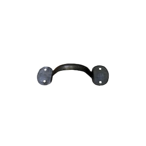May include: A dark grey, curved metal handle with two oval mounting plates. Each plate has two holes for screws. The handle is a simple, functional design, likely for a cabinet or drawer.