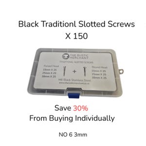 May include: A clear plastic container holding black slotted screws. The label reads "Black Traditional Slotted Screws X 150". The container includes various sizes of raised and round head screws, with measurements in millimeters. The text "Save 30% From Buying Individually" is also visible.