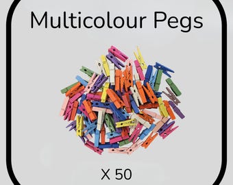 50 X Coloured Pegs Clips for Wall, Rope, Photos, Drawings, Xmas, Birthday