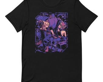 May include: A black t-shirt with a purple and blue illustration of three characters from a video game. The characters are standing in front of a large, mechanical object. The text "Final Fantasy VII" is printed on the shirt.