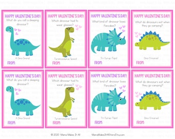 Printable Dinosaur Valentine Cards, Pink Dinosaur Valentines, Dinosaur Joke Valentines, School Valentines, Valentine Cards for Kids