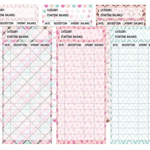 May include: Three printable budget tracker sheets with different patterned backgrounds. Each sheet has columns for date, description, amount, and balance.