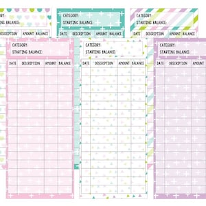 Puede incluir: Tres páginas de seguimiento de presupuesto imprimibles con diferentes patrones. La primera página tiene un fondo rosa con un patrón de corazón, la segunda página tiene un fondo azul claro con un patrón de signo más y la tercera página tiene un fondo morado claro con un patrón de triángulo. Cada página tiene columnas para la fecha, la descripción, el importe y el saldo.