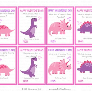 May include: Eight pink and purple Valentine's Day cards with dinosaur puns. Each card features a different dinosaur with a question and answer. The text on the cards reads: "Happy Valentine's Day!"  "What do you call a sleeping dinosaur?"  "A Dino-Snorel"  "Which dinosaur had to wear glasses?"  "Tyrannosaurus Specs!"  "What kind of dinosaur loves pancakes?"  "Tri-Syrup-Tops!"  "What do dinosaurs eat when they go camping?"  "Dino-Smores!"