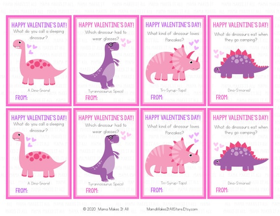 Printable Dinosaur Valentine Cards, Pink Purple Dinosaur Valentines, Dinosaur Joke Valentines, School Valentines, Valentine Cards for Kids