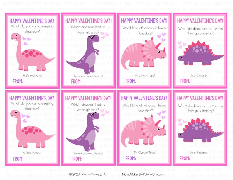 May include: Eight pink and purple Valentine's Day cards with dinosaur puns. Each card features a different dinosaur with a question and answer. The text on the cards reads: "Happy Valentine's Day!"  "What do you call a sleeping dinosaur?"  "A Dino-Snorel"  "Which dinosaur had to wear glasses?"  "Tyrannosaurus Specs!"  "What kind of dinosaur loves pancakes?"  "Tri-Syrup-Tops!"  "What do dinosaurs eat when they go camping?"  "Dino-Smores!"