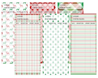 Puede incluir: Cuatro páginas de seguimiento de presupuesto imprimibles con diferentes fondos temáticos navideños. La primera página tiene un patrón de renos verde y rosa, la segunda página tiene un patrón de cuadros rojo y verde, la tercera página tiene un patrón de árbol de Navidad verde y blanco, y la cuarta página tiene un patrón de rayas rojo, verde y blanco. Cada página tiene un encabezado que dice "CATEGORY: STARTING BALANCE:" y columnas para la fecha, la descripción, el monto y el saldo.