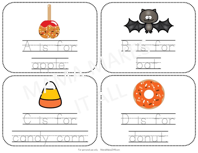 May include: A printable worksheet for kids to learn the alphabet with Halloween-themed images. The letters A, B, C, and D are shown with images of an apple, bat, candy corn, and donut. The letters are written in cursive and the words are written in print.