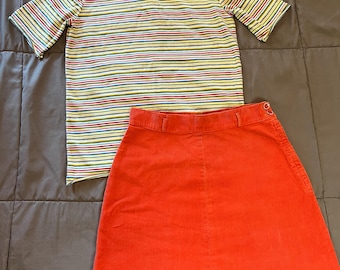 Tiny striped T Shirt and Corduroy Mini Skirt, 1970’s
