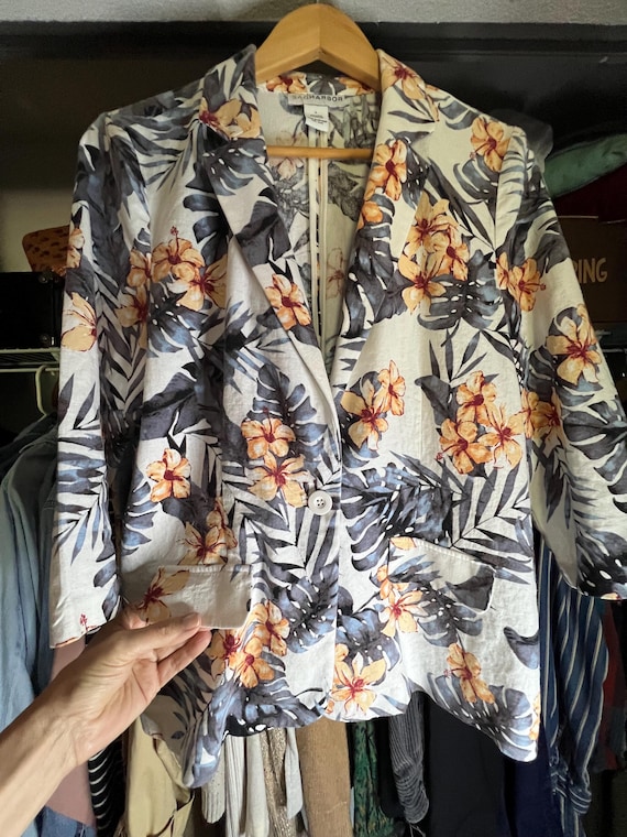 Floral Linen Blazer: Sag Harbor Rayon Blend, Hybiscus Print