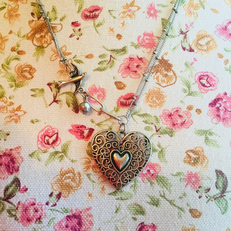 jewelry bird and silver ball gift bridal collectible Beautiful Double Strand Silver Necklace with heart