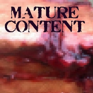 Könnte beinhalten: Nahaufnahme einer roten, rosa und orangenfarbenen, strukturierten Oberfläche mit dem Text "MATURE CONTENT" in Schwarz.