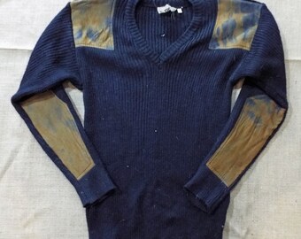 Distressed Army Sweater Jumper - Navy Blue -  V Neck - Small - E001