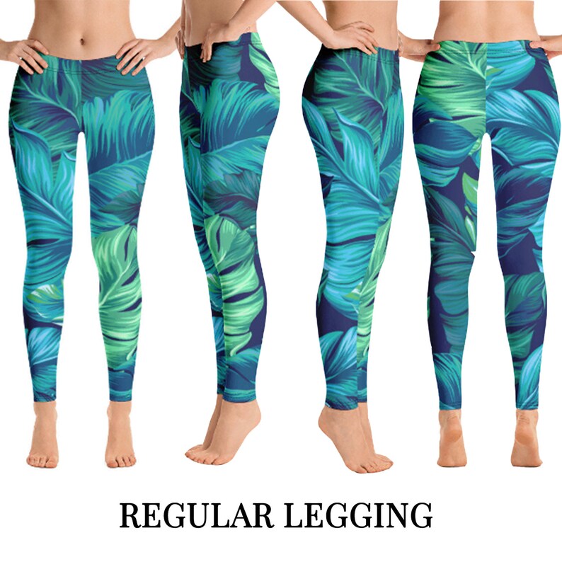 Regular Leggings Yoga Leggings Blue and Green Leaves Capri Colourful Art Custom Yoga Pants High Waist