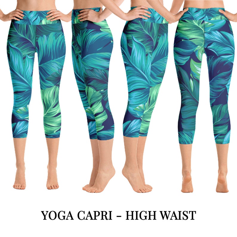 Regular Leggings Yoga Leggings Blue and Green Leaves Capri Colourful Art Custom Yoga Pants High Waist