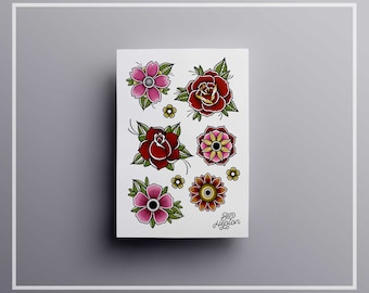 Flower Themed Tattoo Flash sheet A4 Print - Tattoo - Tattoo Flash - Flower Art - Wall Art - Home Decor