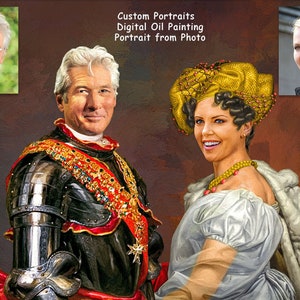 May include: A digital oil painting of a couple in a regal setting. The man is wearing armor and a red sash, while the woman is wearing a white dress with a gold headpiece. The painting is titled "Custom Portraits Digital Oil Painting Portrait from Photo".